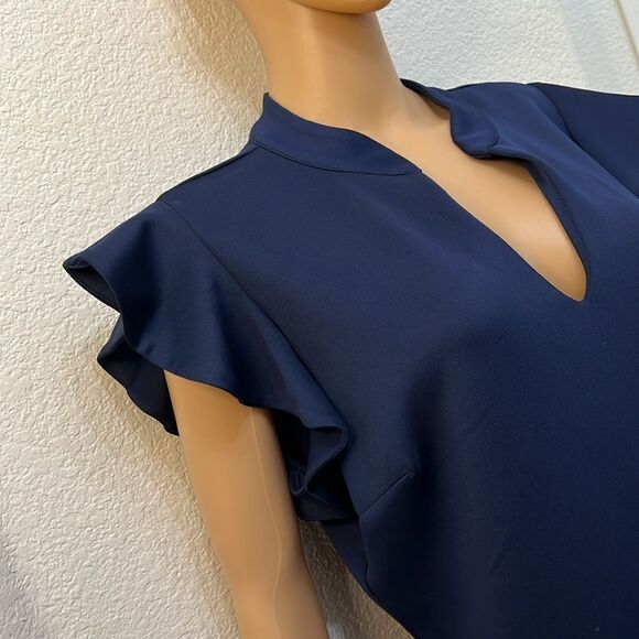 New York & Company Dress Large V Neck Flutter Sleeve Midi Navy Blue Zipper Back - Picture 3 of 12